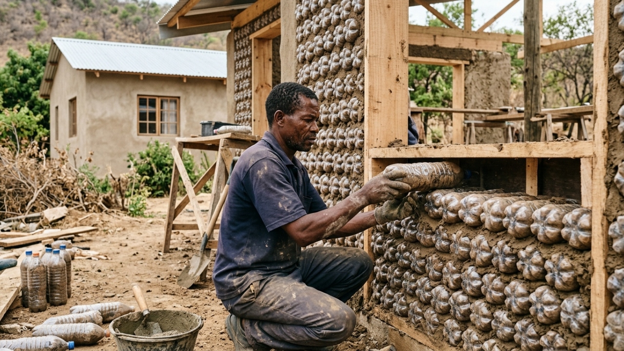 Pedreiros estão construindo casas com garrafas PET e terra compactada no lugar de parte dos tijolos, mas estrutura e revestimento continuam fazendo parte da obra