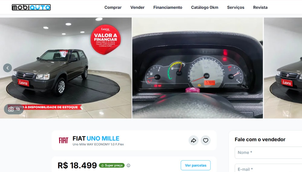 Um carro popular usado, como o Fiat Uno Mille, tem valor próximo ao do iPhone 18 — Foto: Reprodução/MobiAuto
