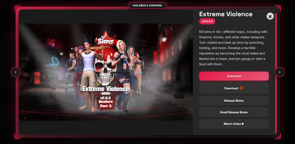 Página do Extreme Violence, para The Sims 4, no site da Sacrificial Mods — Foto: Reprodução/Luccas Melo