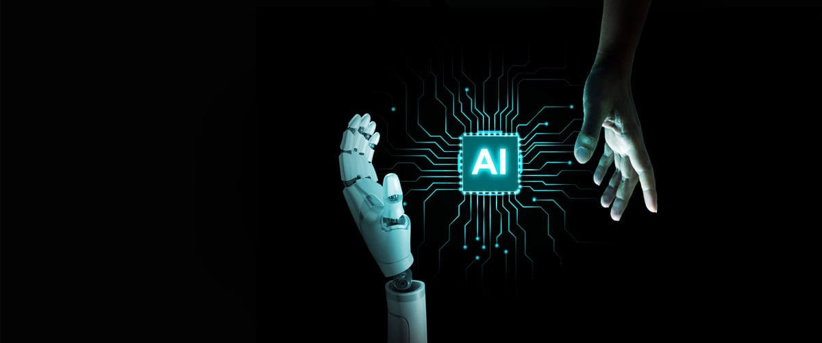 Conceito futurista de IA mostrando mãos humanas e robóticas alcançando umas às outras, simbolizando a consciência, conexão humano-AI, confiança e a visão filosófica da tecnologia inteligente.
