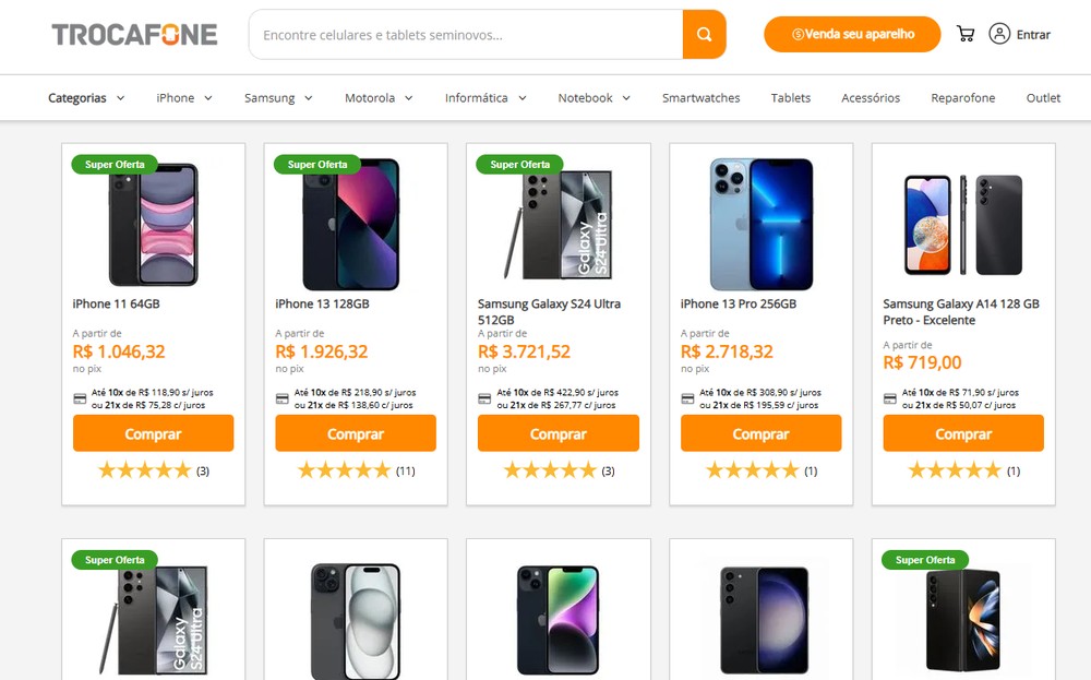 Opções de compra no site Trocafone — Foto: Reprodução/Trocafone